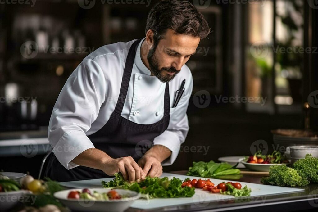 Chef francés preparando plato gourmet